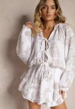 Beżowy Muślinowy Kombinezon z Bawełny z Ozdobnym Wiązaniem Vimariana