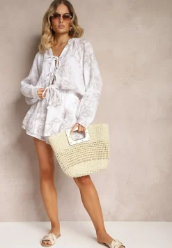 Beżowy Muślinowy Kombinezon z Bawełny z Ozdobnym Wiązaniem Vimariana