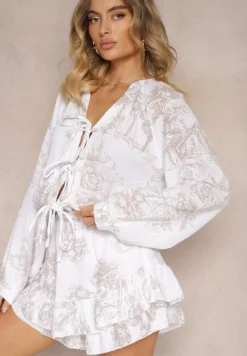 Beżowy Muślinowy Kombinezon z Bawełny z Ozdobnym Wiązaniem Vimariana