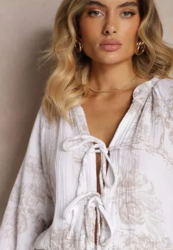 Beżowy Muślinowy Kombinezon z Bawełny z Ozdobnym Wiązaniem Vimariana