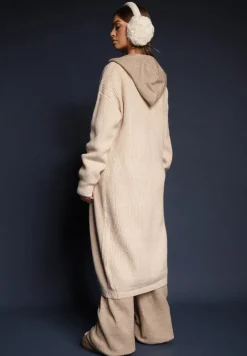 Beżowy Nierozpinany Casualowy Kardigan o Długim Kroju Ozdobiony Ściągaczami Arfilia