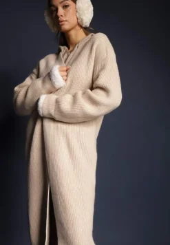 Beżowy Nierozpinany Casualowy Kardigan o Długim Kroju Ozdobiony Ściągaczami Arfilia