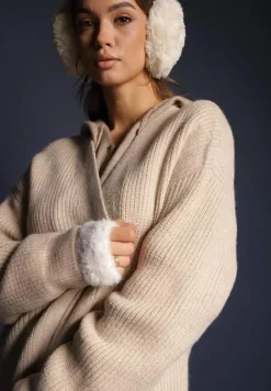 Beżowy Nierozpinany Casualowy Kardigan o Długim Kroju Ozdobiony Ściągaczami Arfilia