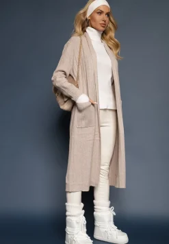 Beżowy Nierozpinany Kardigan o Długim Kroju z Wiskozą i Kieszeniami Naralie