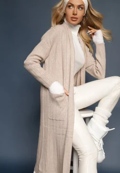 Beżowy Nierozpinany Kardigan o Długim Kroju z Wiskozą i Kieszeniami Naralie