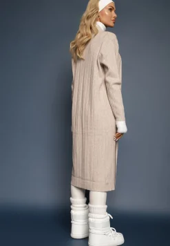Beżowy Nierozpinany Kardigan o Długim Kroju z Wiskozą i Kieszeniami Naralie