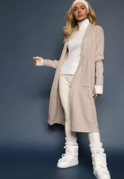 Beżowy Nierozpinany Kardigan o Długim Kroju z Wiskozą i Kieszeniami Naralie