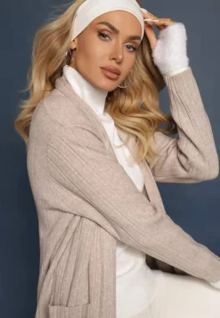 Beżowy Nierozpinany Kardigan o Długim Kroju z Wiskozą i Kieszeniami Naralie