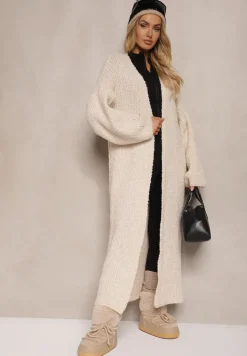 Beżowy Niezapinany Kardigan z Wełną o Długim Kroju Temindriae