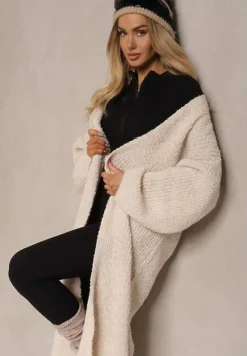 Beżowy Niezapinany Kardigan z Wełną o Długim Kroju Temindriae