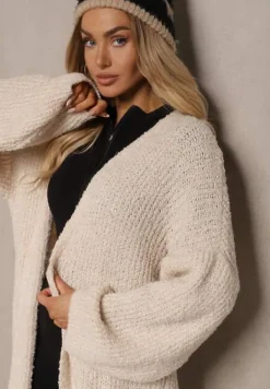 Beżowy Niezapinany Kardigan z Wełną o Długim Kroju Temindriae
