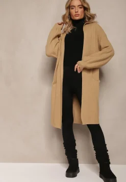 Beżowy Niezapinany Kardigan z Kapturem Fatimanes