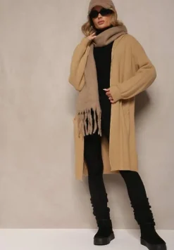 Beżowy Niezapinany Kardigan z Kapturem Fatimanes