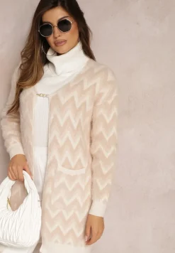 Beżowy Niezapinany Kardigan o Przedłużonym Fasonie w Zygzaki Chevron Oherna