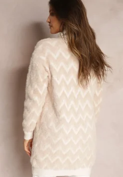 Beżowy Niezapinany Kardigan o Przedłużonym Fasonie w Zygzaki Chevron Oherna