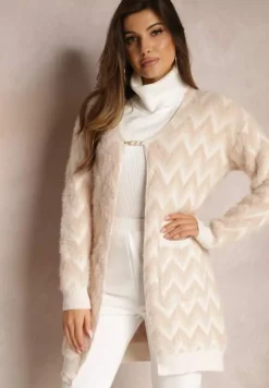 Beżowy Niezapinany Kardigan o Przedłużonym Fasonie w Zygzaki Chevron Oherna