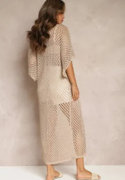Beżowy Niezapinany Kardigan w Stylu Narzutki z Ażurowej Tkaniny z Błyszczącą Nitką Brookti
