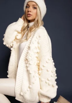 Beżowy Niezapinany Kardigan z Ozdobnymi Pomponami Besinia