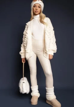 Beżowy Niezapinany Kardigan z Ozdobnymi Pomponami Besinia