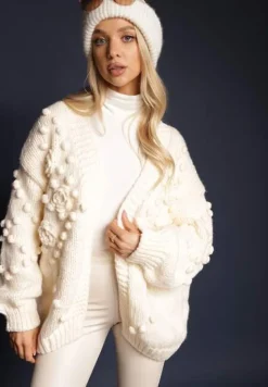 Beżowy Niezapinany Kardigan z Ozdobnymi Pomponami Besinia