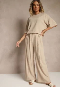 Beżowy Oversizowy Komplet z Wiskozą Luźna Bluzka i Proste Spodnie Varlivia