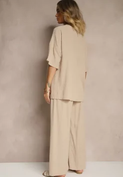 Beżowy Oversizowy Komplet z Wiskozą Luźna Bluzka i Proste Spodnie Varlivia