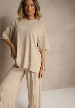 Beżowy Oversizowy Komplet z Wiskozą Luźna Bluzka i Proste Spodnie Varlivia