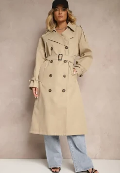 Beżowy Oversizowy Płaszcz Trencz o Dwurzędowym Kroju z Paskiem Darinella