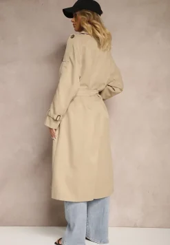 Beżowy Oversizowy Płaszcz Trencz o Dwurzędowym Kroju z Paskiem Darinella