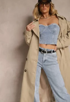 Beżowy Oversizowy Płaszcz Trencz o Dwurzędowym Kroju z Paskiem Darinella