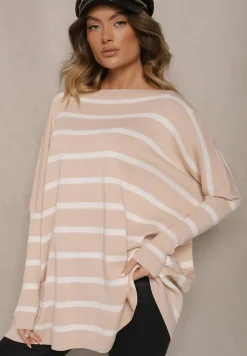 Beżowy Oversizowy Sweter z Rękawami o Fasonie Nietoperz i Wzorem w Paski Eistauma