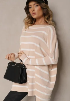 Beżowy Oversizowy Sweter z Rękawami o Fasonie Nietoperz i Wzorem w Paski Eistauma