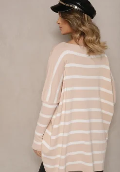 Beżowy Oversizowy Sweter z Rękawami o Fasonie Nietoperz i Wzorem w Paski Eistauma