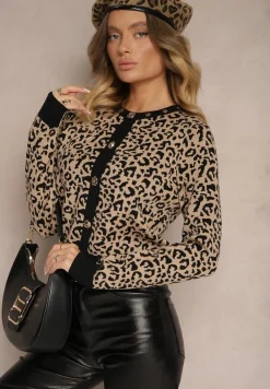 Beżowy Panterkowy Rozpinany Kardigan z Wiskozą Miavitha