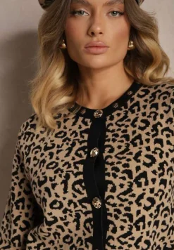 Beżowy Panterkowy Rozpinany Kardigan z Wiskozą Miavitha