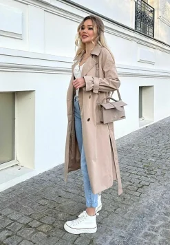 Beżowy Płaszcz Długi Trencz z Paskiem Antroshi