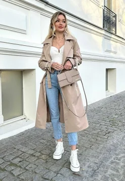 Beżowy Płaszcz Długi Trencz z Paskiem Antroshi