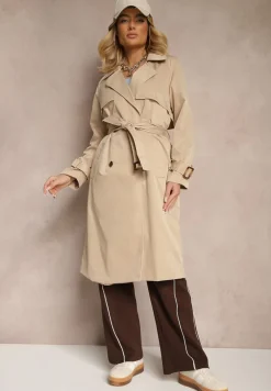 Beżowy Płaszcz Długi Trencz z Paskiem Antroshi