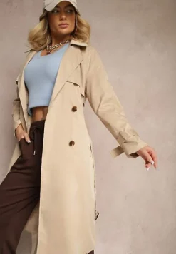 Beżowy Płaszcz Długi Trencz z Paskiem Antroshi