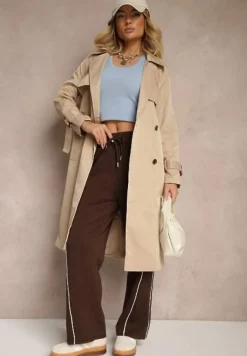 Beżowy Płaszcz Długi Trencz z Paskiem Antroshi