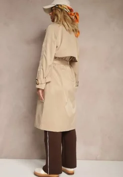 Beżowy Płaszcz Długi Trencz z Paskiem Antroshi