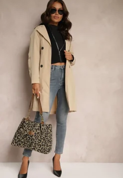 Beżowy Płaszcz Dwurzędowy z Dodatkiem Bawełny Wykończony Paskiem i Rękawami z Regulacją Mevessa