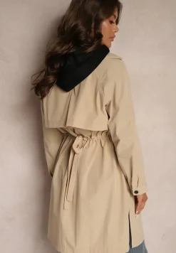 Beżowy Płaszcz Dwurzędowy z Dodatkiem Bawełny Wykończony Paskiem i Rękawami z Regulacją Mevessa