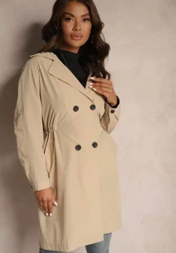 Beżowy Płaszcz Dwurzędowy z Dodatkiem Bawełny Wykończony Paskiem i Rękawami z Regulacją Mevessa