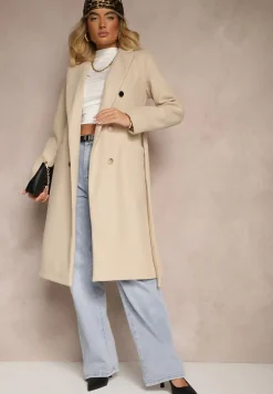 Beżowy Płaszcz Dwurzędowy z Paskiem Eunamia