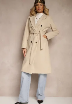 Beżowy Płaszcz Dwurzędowy z Paskiem Eunamia