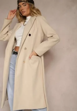 Beżowy Płaszcz Dwurzędowy z Paskiem Eunamia