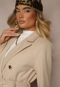 Beżowy Płaszcz Dwurzędowy z Paskiem Eunamia