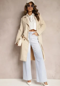 Beżowy Płaszcz Dwurzędowy z Ekozamszu Wiązany w Talii Faira