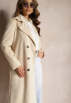 Beżowy Płaszcz Dwurzędowy z Ekozamszu Wiązany w Talii Faira